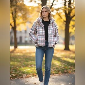 Women’s Honee Plaid Pink and Grey Puffer Jacket Size Small